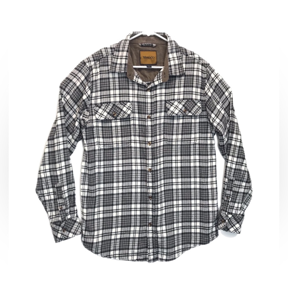 Venado Flannel Shirt Mens L Gray Plaid Long‎ Sleeve Button Up Casual Outdoor.